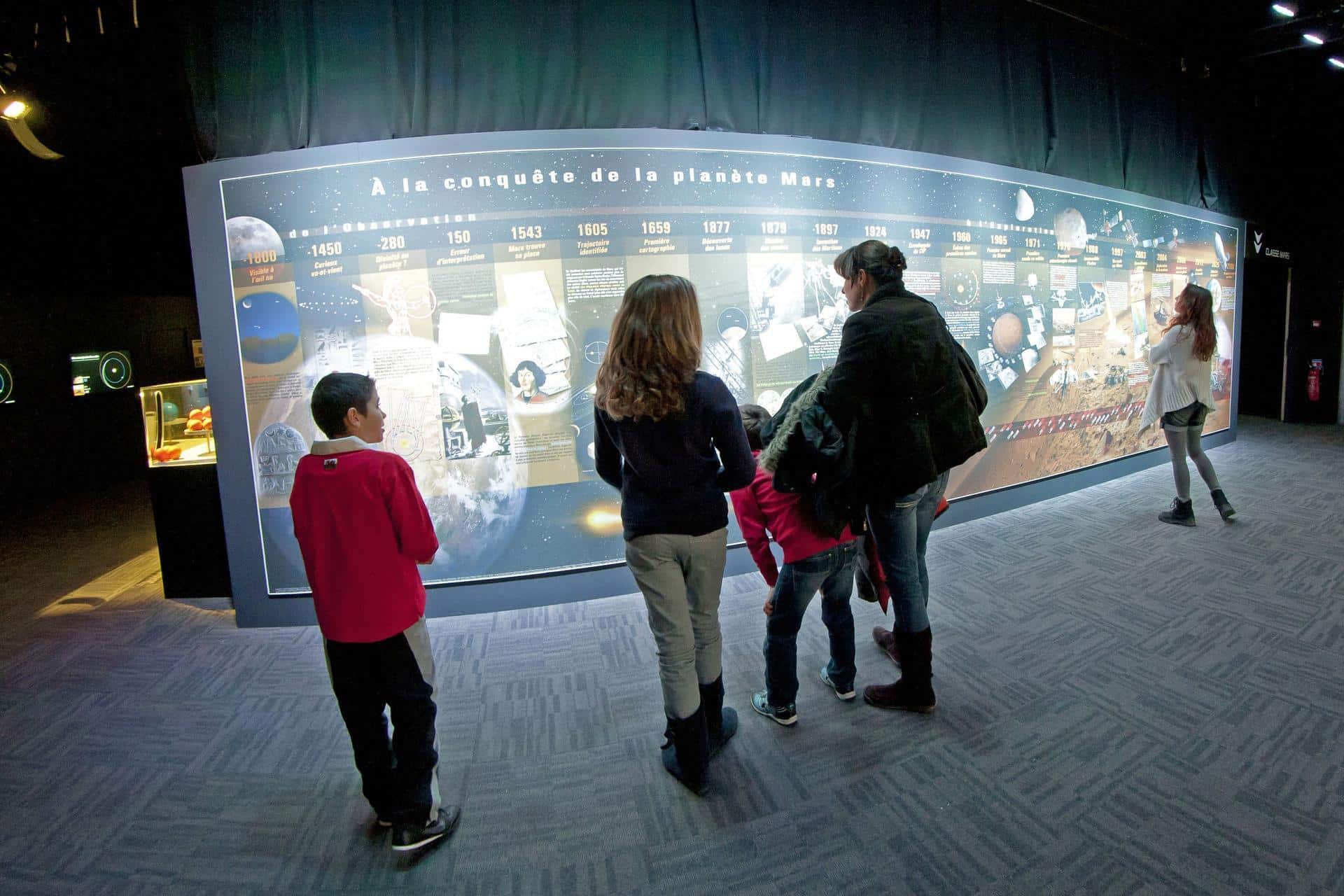 Visiteurs devant la fresque martienne de l'exposition Explore Mars